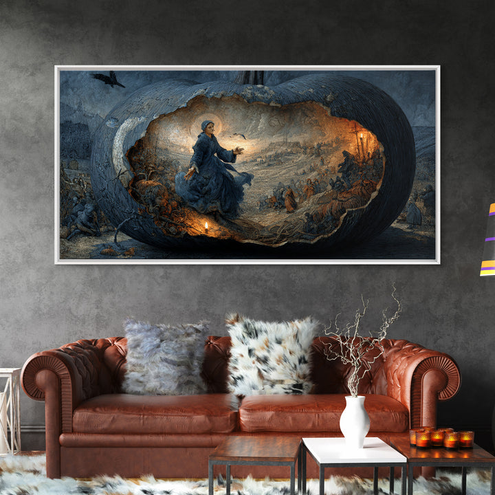 The Moon Inside A Pumpkin, Northern Renaissance Horror, Wide Panoramic Art, Dark Halloween Decor, Framed Canvas Print