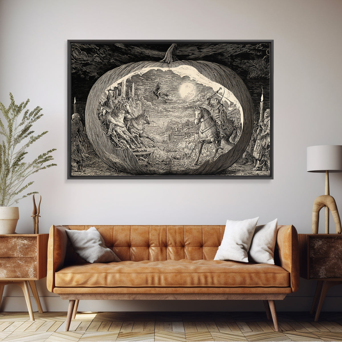 The Moon Inside A Pumpkin, Renaissance Engraving Art, Landscape Wall Art, Macabre Wall Art, Canvas Print, Halloween Wall Art