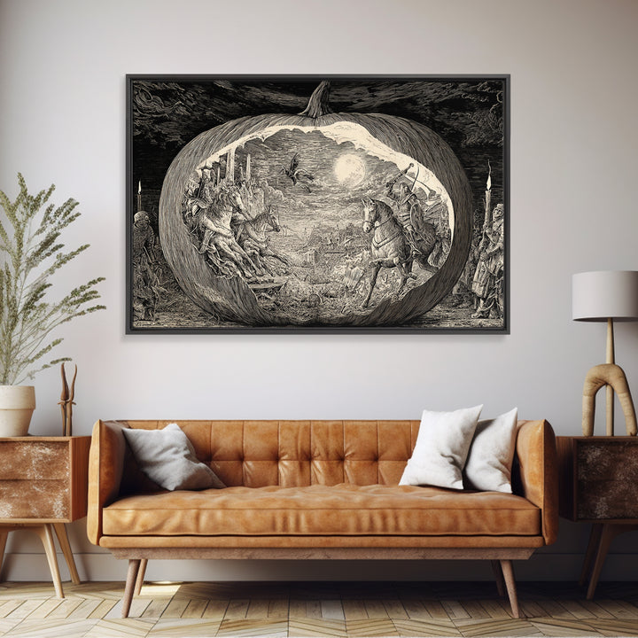 The Moon Inside A Pumpkin, Renaissance Engraving Art, Landscape Wall Art, Macabre Wall Art, Canvas Print, Halloween Wall Art