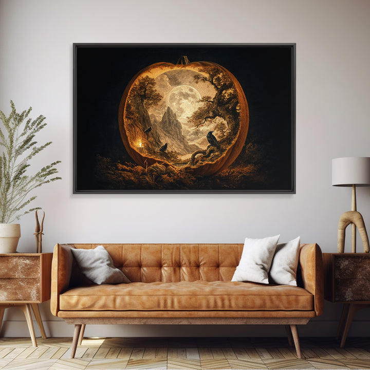 The Moon Inside A Pumpkin, Baroque Witchcraft Art, Landscape Wall Art, Dark Fantasy Wall Art, Framed Canvas Print, Halloween Wall Art