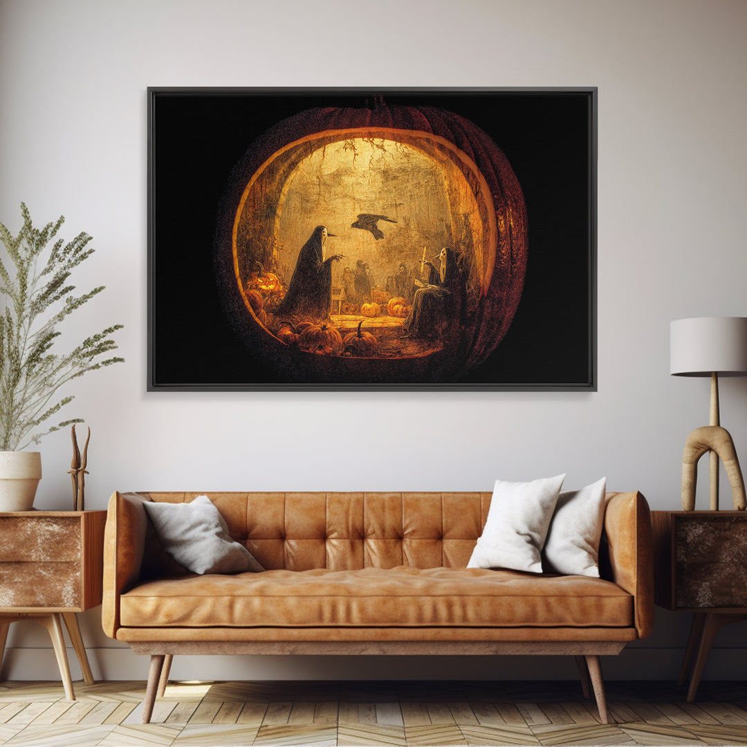 The Moon Inside A Pumpkin, Dark Romantic Horror Art, Landscape Wall Art, Gothic Horror Wall Art, Framed Canvas Print, Halloween Wall Art
