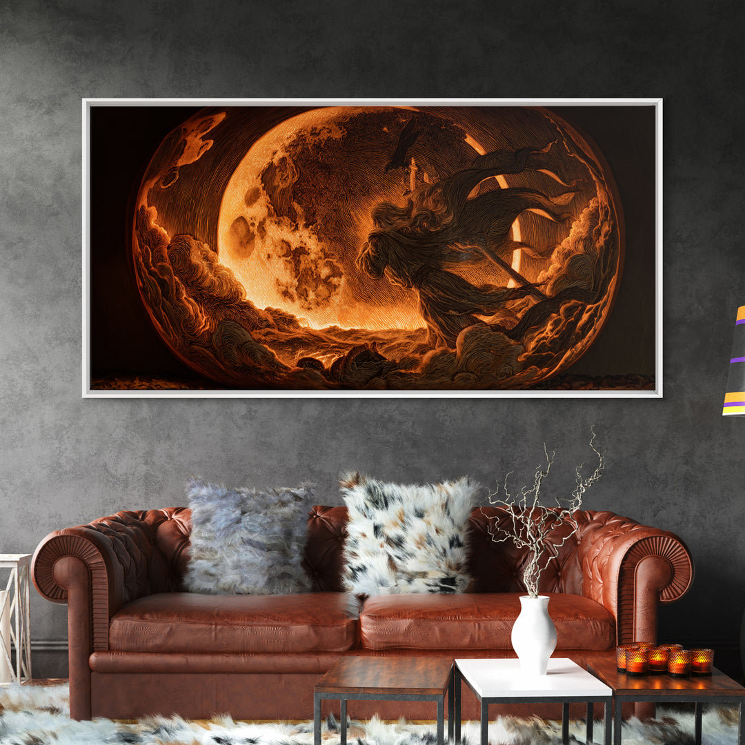 The Moon Inside A Pumpkin, Visionary Gothic Art, Wide Panoramic Art, Dark Halloween Decor, Framed Canvas Print, Halloween Wall Art