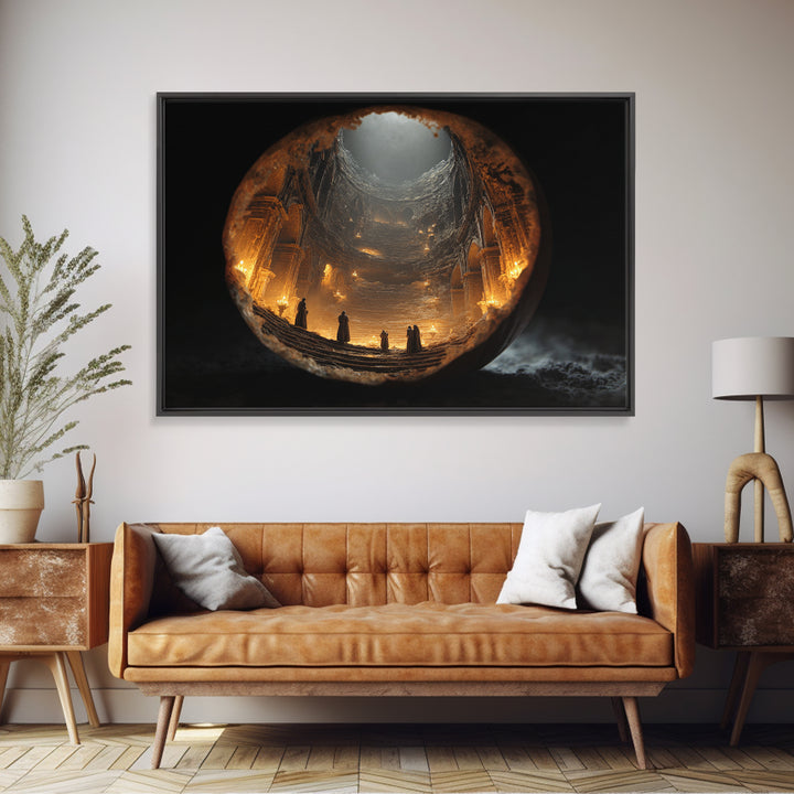 The Moon Inside A Pumpkin, Architectural Etching Art, Landscape Wall Art, Macabre Wall Art, Framed Canvas Print