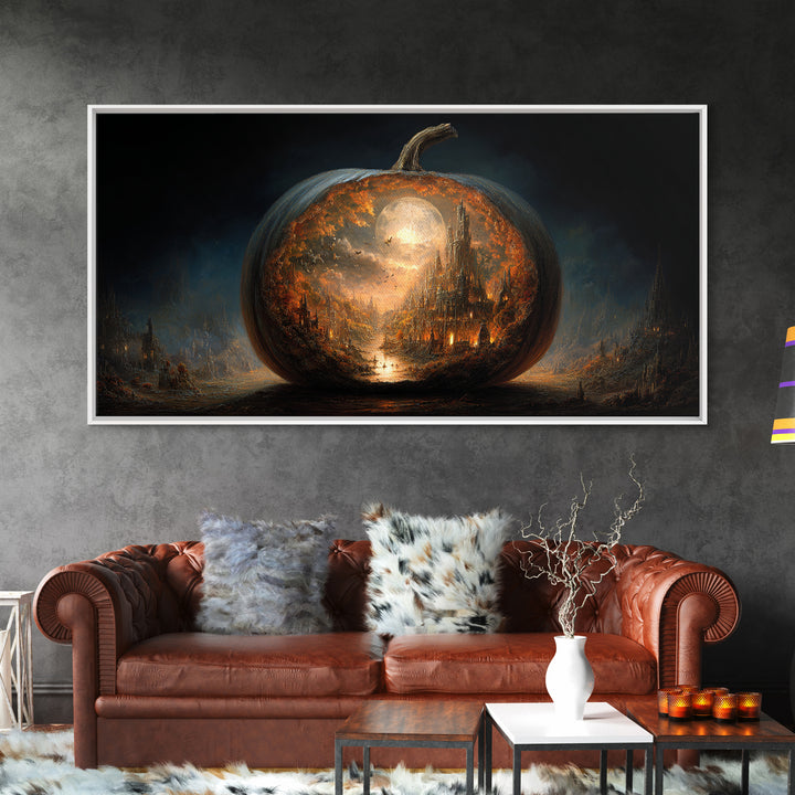 The Moon Inside A Pumpkin, Apocalyptic Romantic Art, Wide Panoramic Art, Gothic Horror Wall Art, Framed Canvas Print, Halloween Wall Art