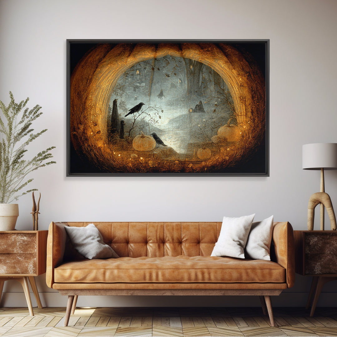 The Moon Inside A Pumpkin, Symbolist Dream Art, Landscape Wall Art, Macabre Wall Art, Framed Canvas Print, Halloween Wall Art