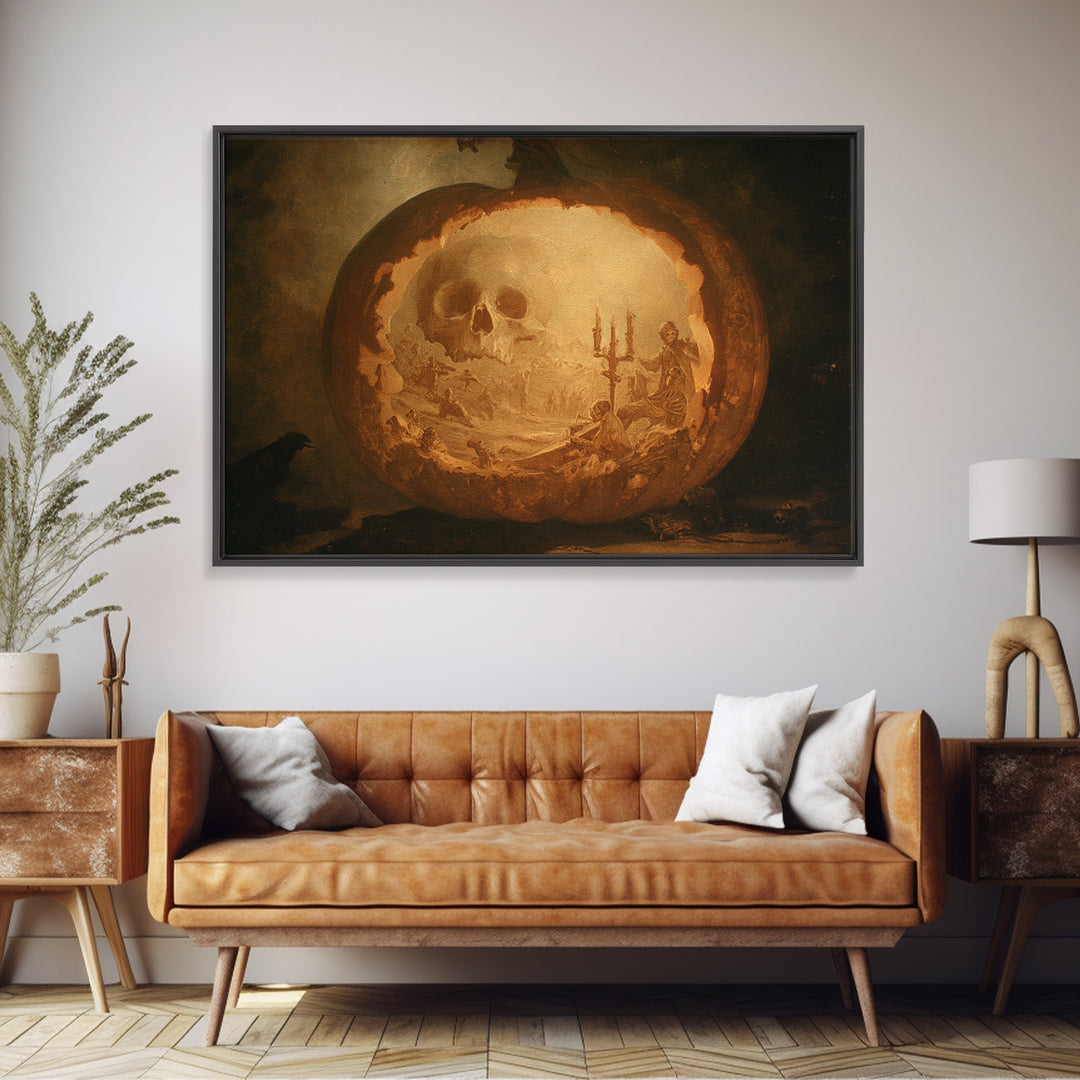 The Moon Inside A Pumpkin, Decadent Gothic Art, Landscape Wall Art, Dark Halloween Decor, Framed Canvas Print, Halloween Wall Art