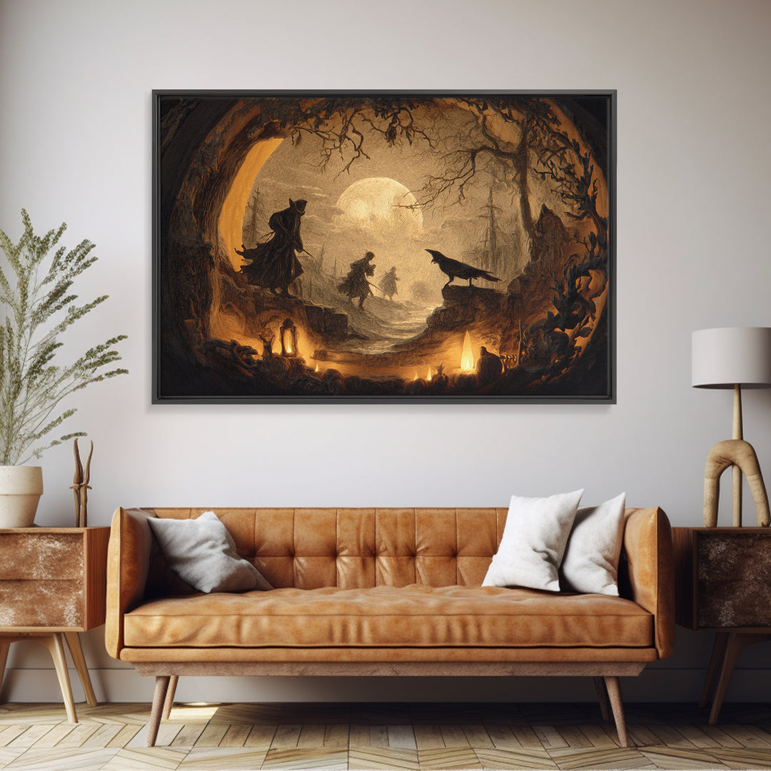 The Moon Inside A Pumpkin, Symbolist Etching Art, Landscape Wall Art, Dark Halloween Decor, Canvas Print, Halloween Wall Art