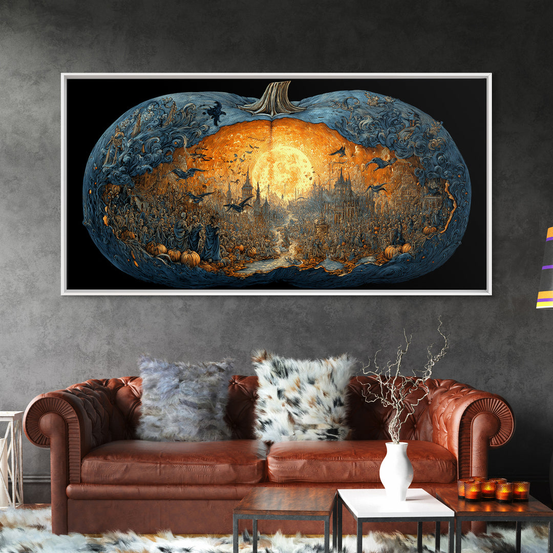The Moon Inside A Pumpkin, Grotesque Carnival Art, Wide Panoramic Art, Dark Halloween Decor, Framed Canvas Print, Halloween Wall Art