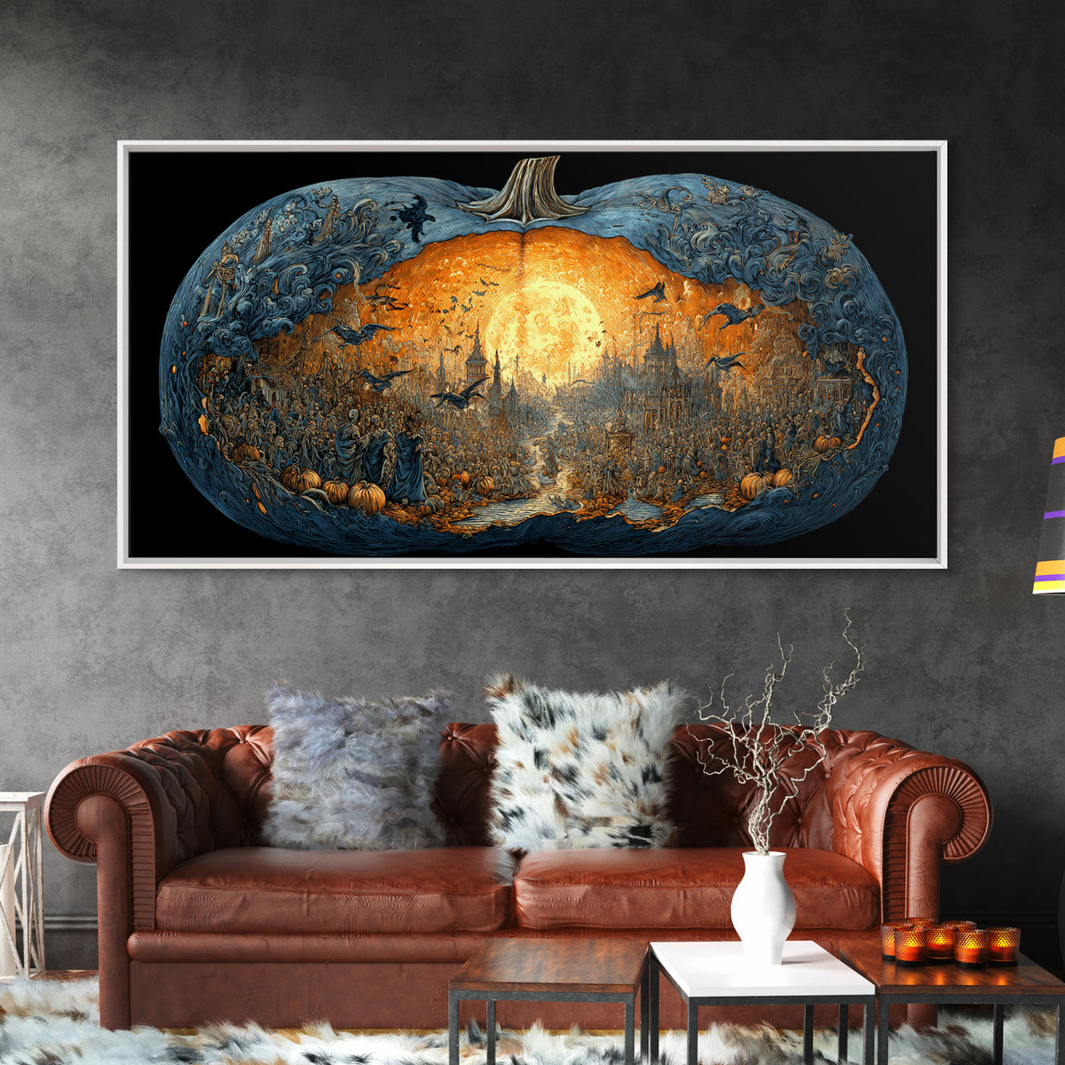 The Moon Inside A Pumpkin, Grotesque Carnival Art, Wide Panoramic Art, Dark Halloween Decor, Framed Canvas Print, Halloween Wall Art