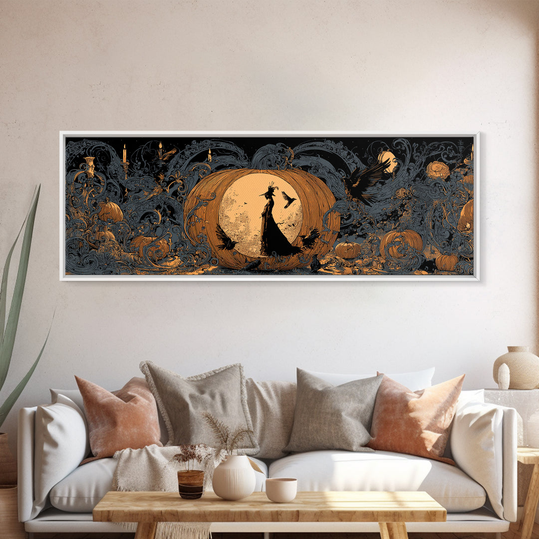 The Moon Inside A Pumpkin, Decadent Line Art, Extra Wide Wall Art, Gothic Horror Wall Art, Canvas Print, Halloween Wall Art