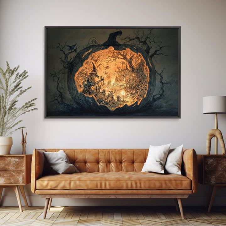 The Moon Inside A Pumpkin, Gothic Storybook Art, Landscape Wall Art, Dark Fantasy Wall Art, Framed Canvas Print, Halloween Wall Art