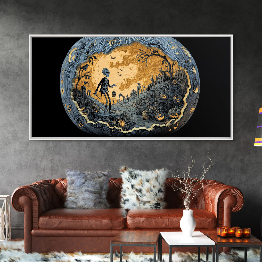 The Moon Inside A Pumpkin, Macabre Folk Print Art, Wide Panoramic Art, Macabre Wall Art, Framed Canvas Print, Halloween Wall Art
