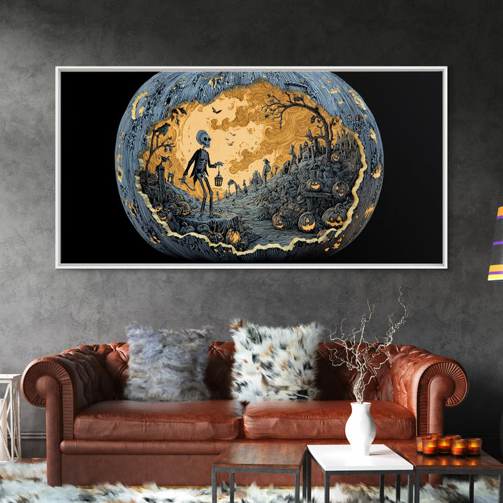 The Moon Inside A Pumpkin, Macabre Folk Print Art, Wide Panoramic Art, Macabre Wall Art, Framed Canvas Print, Halloween Wall Art