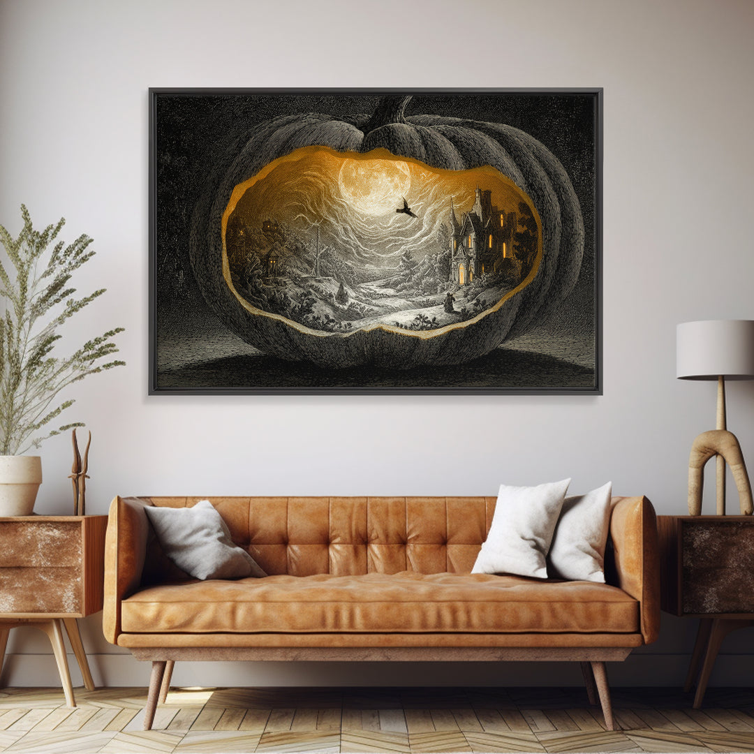 The Moon Inside A Pumpkin, Victorian Macabre Art, Landscape Wall Art, Gothic Horror Wall Art, Framed Canvas Print, Halloween Wall Art