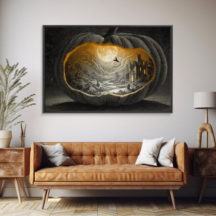 The Moon Inside A Pumpkin, Victorian Macabre Art, Landscape Wall Art, Gothic Horror Wall Art, Framed Canvas Print, Halloween Wall Art