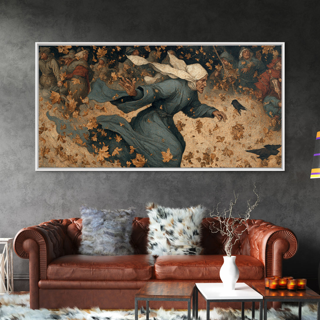 The Autumn-Leaf Ghost, Northern Renaissance Horror, Wide Panoramic Art, Dark Fantasy Wall Art, Framed Canvas Print