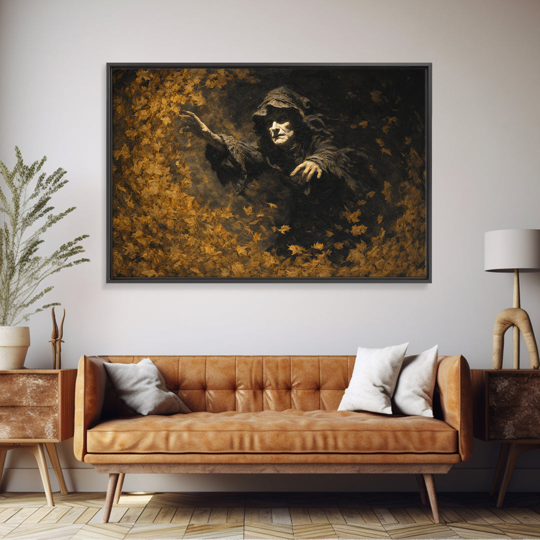 The Autumn-Leaf Ghost, Dark Romantic Horror Art, Landscape Wall Art, Macabre Wall Art, Framed Canvas Print, Halloween Wall Art