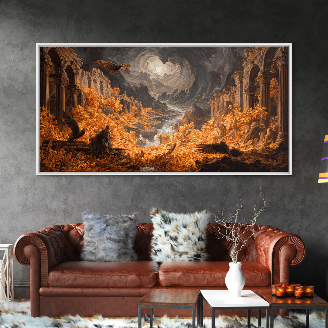 The Autumn-Leaf Ghost, Apocalyptic Romantic Art, Wide Panoramic Art, Macabre Wall Art, Framed Canvas Print, Halloween Wall Art