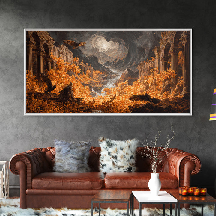 The Autumn-Leaf Ghost, Apocalyptic Romantic Art, Wide Panoramic Art, Macabre Wall Art, Framed Canvas Print, Halloween Wall Art