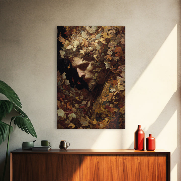 The Autumn-Leaf Ghost, Ornate Symbolist Art, Vertical Wall Art, Dark Halloween Decor, Framed Canvas Print, Halloween Wall Art
