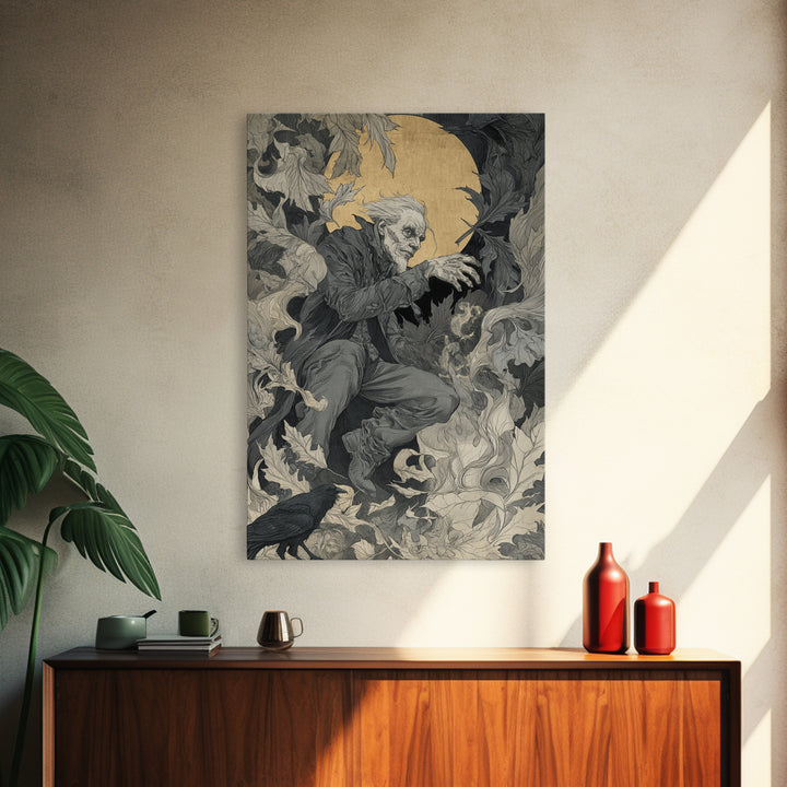 The Autumn-Leaf Ghost, Symbolist Etching Art, Vertical Wall Art, Dark Halloween Decor, Canvas Print, Halloween Wall Art, Horror Wall Art