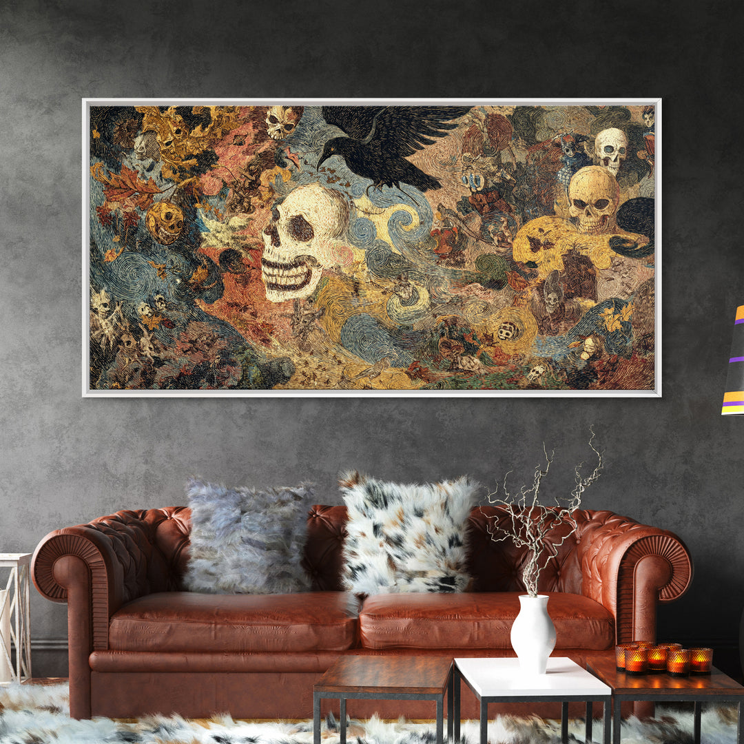 The Autumn-Leaf Ghost, Grotesque Carnival Art, Wide Panoramic Art, Gothic Horror Wall Art, Framed Canvas Print, Halloween Wall Art