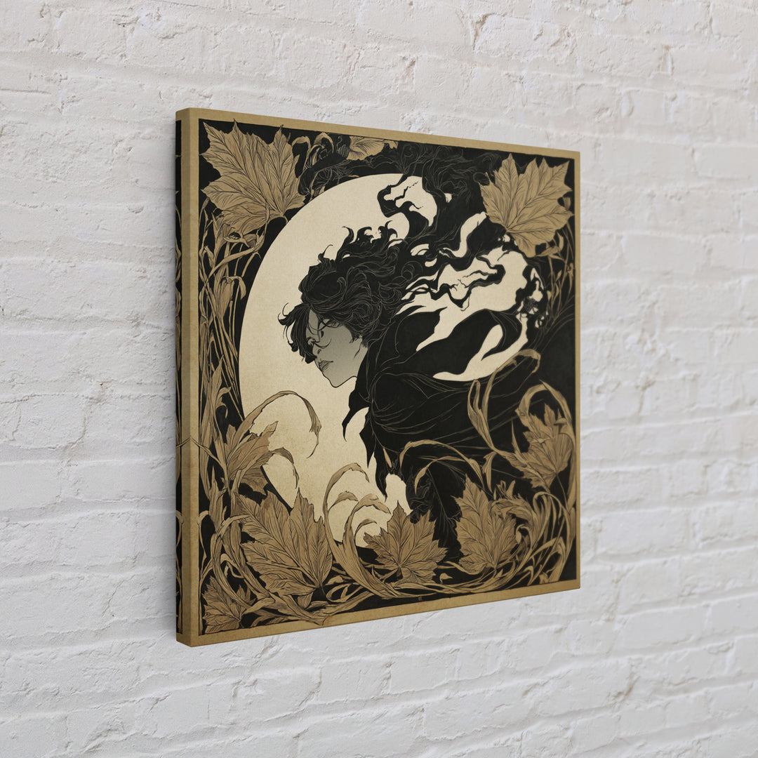The Autumn-Leaf Ghost, Decadent Line Art, Square Wall Art, Dark Halloween Decor, Framed Canvas Print, Halloween Wall Art