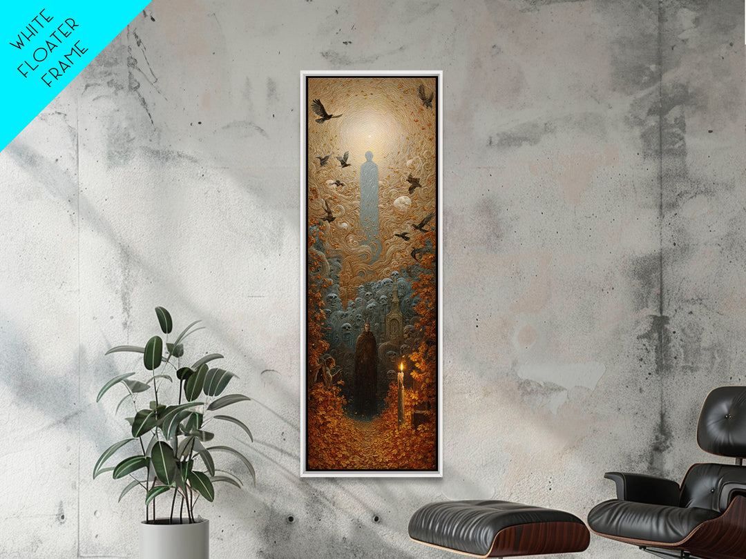 The Autumn-Leaf Ghost, Surreal Apocalyptic Art, Tall Narrow Wall Art, Dark Halloween Decor, Framed Canvas Print, Halloween Wall Art