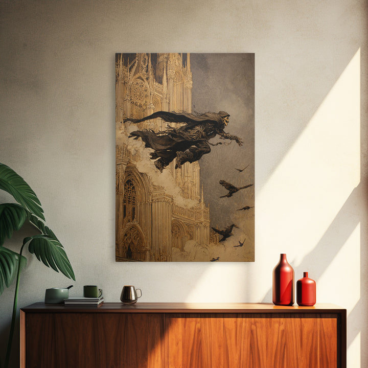 The Cathedral Of Bones, Symbolist Etching Art, Vertical Wall Art, Dark Halloween Decor, Canvas Print, Halloween Wall Art