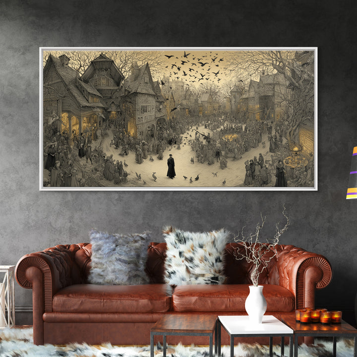 The Town Where Shadows Live, Northern Renaissance Horror, Wide Panoramic Art, Gothic Horror Wall Art, Framed Canvas Print