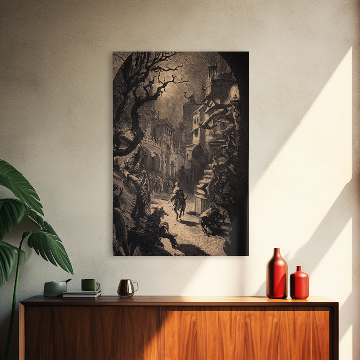 The Town Where Shadows Live, Renaissance Engraving Art, Vertical Wall Art, Dark Fantasy Wall Art, Canvas Print, Halloween Wall Art