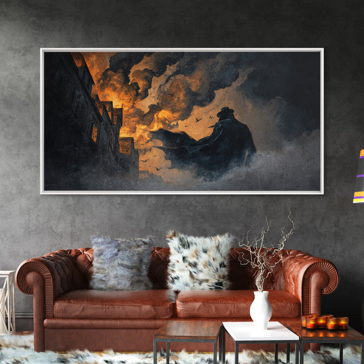 The Town Where Shadows Live, Apocalyptic Romantic Art, Wide Panoramic Art, Macabre Wall Art, Framed Canvas Print, Halloween Wall Art