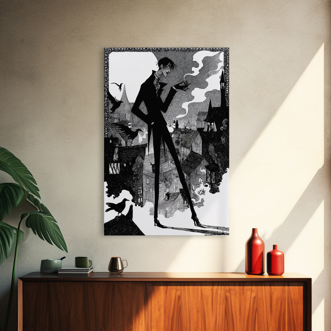 The Town Where Shadows Live, Decadent Line Art, Vertical Wall Art, Dark Halloween Decor, Framed Canvas Print, Halloween Wall Art