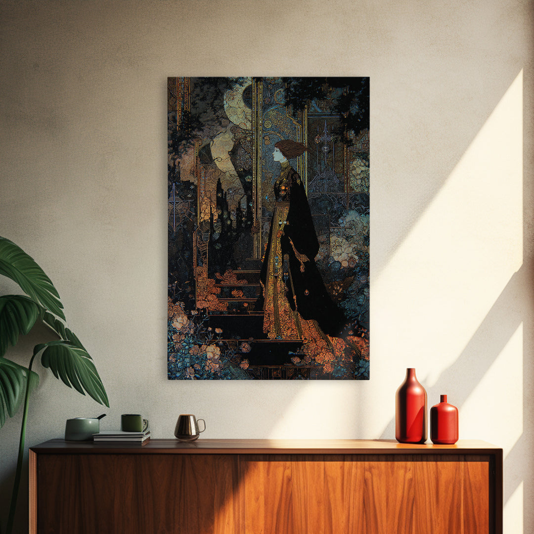 The Town Where Shadows Live, Stained Glass Gothic Art, Vertical Wall Art, Macabre Wall Art, Framed Canvas Print, Halloween Wall Art