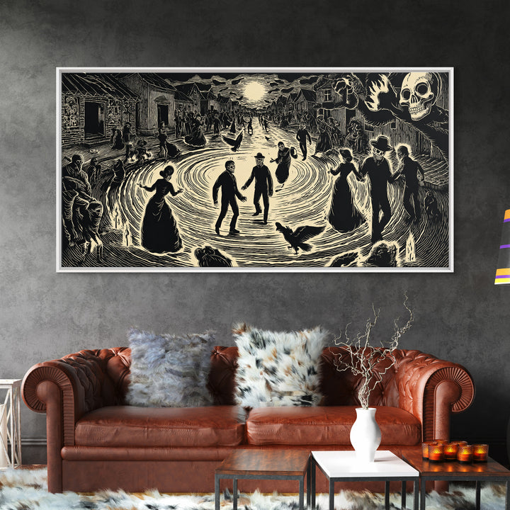 The Town Where Shadows Live, Macabre Folk Print Art, Wide Panoramic Art, Dark Fantasy Wall Art, Canvas Print, Halloween Wall Art