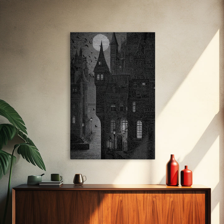 The Town Where Shadows Live, Victorian Macabre Art, Vertical Wall Art, Dark Fantasy Wall Art, Canvas Print, Halloween Wall Art
