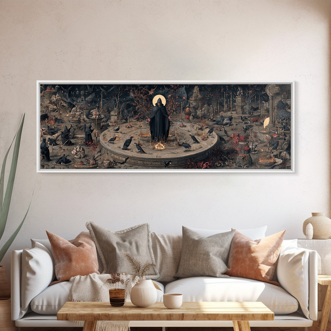 The Eclipse Summoning, Medieval Grotesque Art, Extra Wide Wall Art, Macabre Wall Art, Canvas Print, Halloween Wall Art