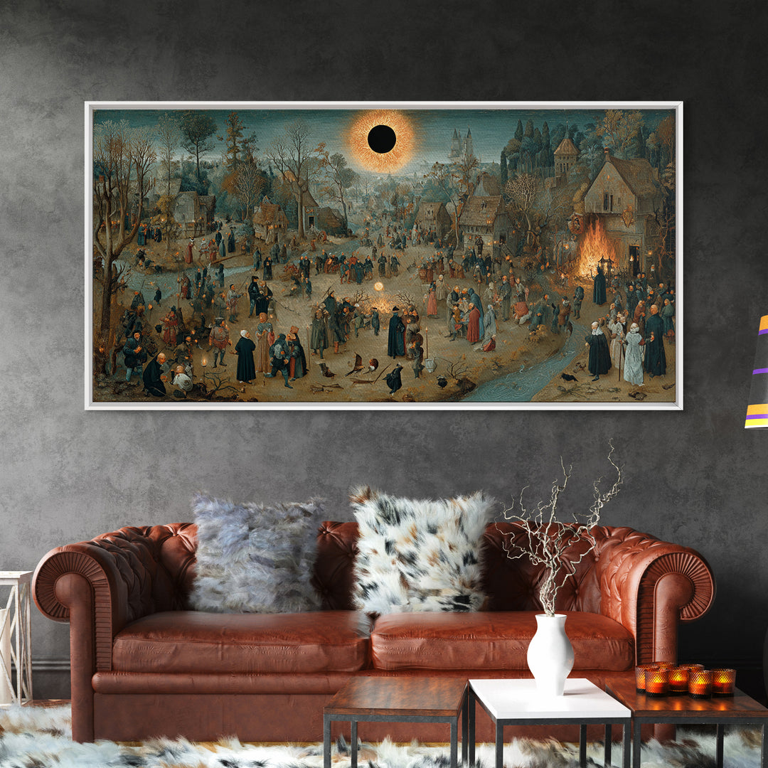 The Eclipse Summoning, Northern Renaissance Horror, Wide Panoramic Art, Dark Halloween Decor, Framed Canvas Print
