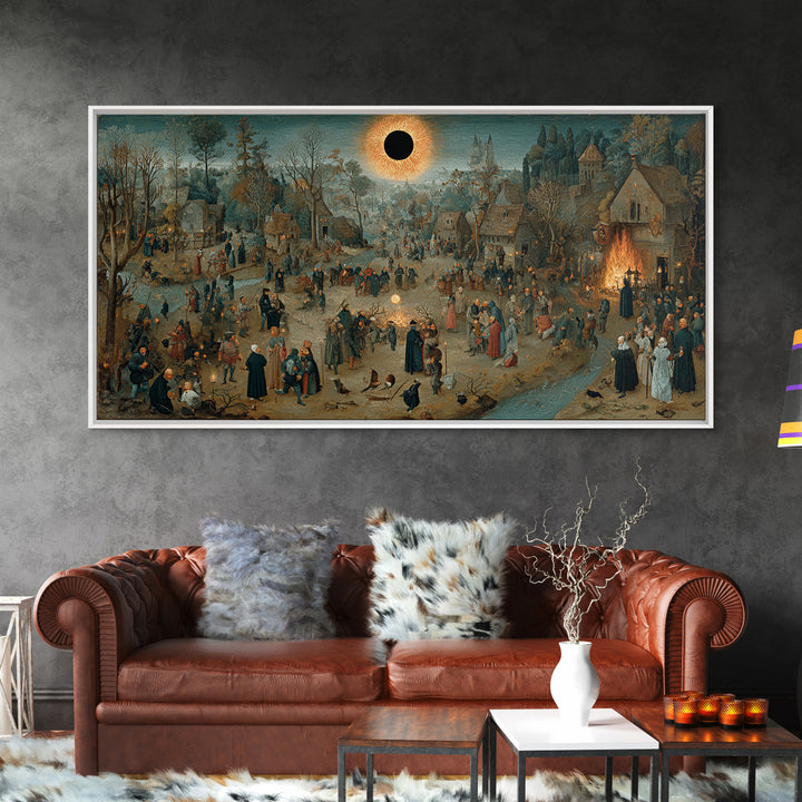 The Eclipse Summoning, Northern Renaissance Horror, Wide Panoramic Art, Dark Halloween Decor, Framed Canvas Print