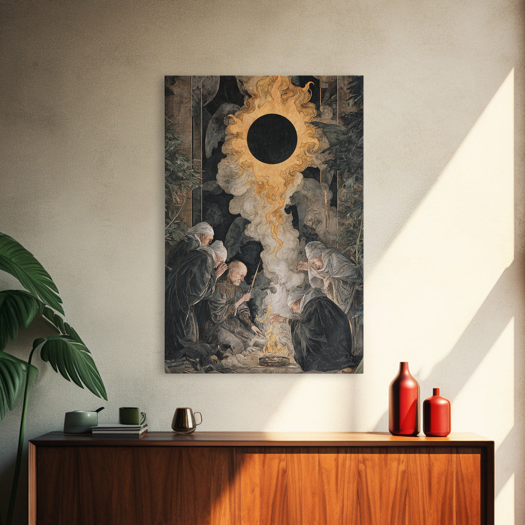 The Eclipse Summoning, Dark Renaissance Art, Vertical Wall Art, Gothic Horror Wall Art, Canvas Print, Halloween Wall Art