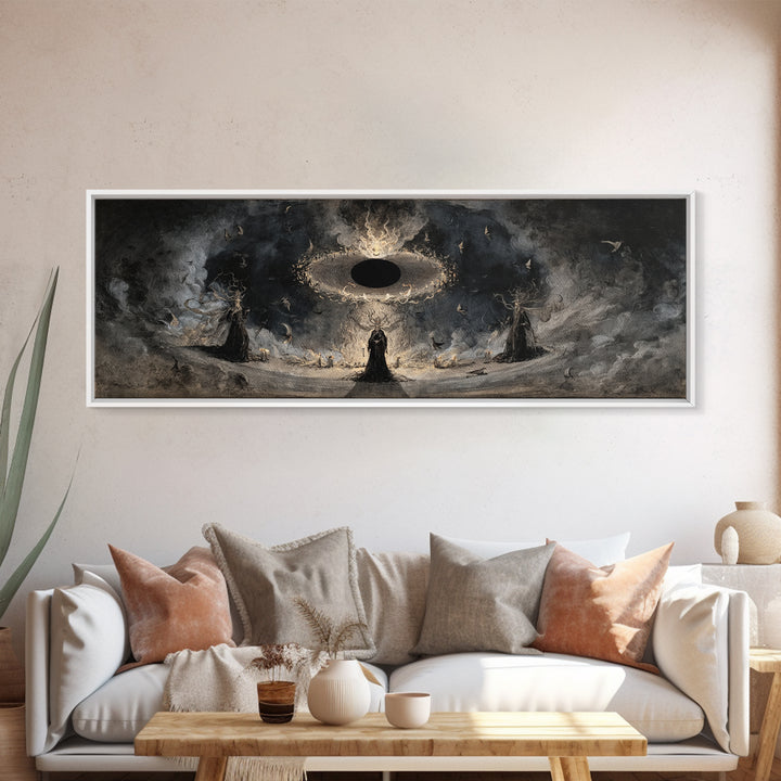 The Eclipse Summoning, Dark Romantic Horror Art, Extra Wide Wall Art, Dark Halloween Decor, Framed Canvas Print, Halloween Wall Art