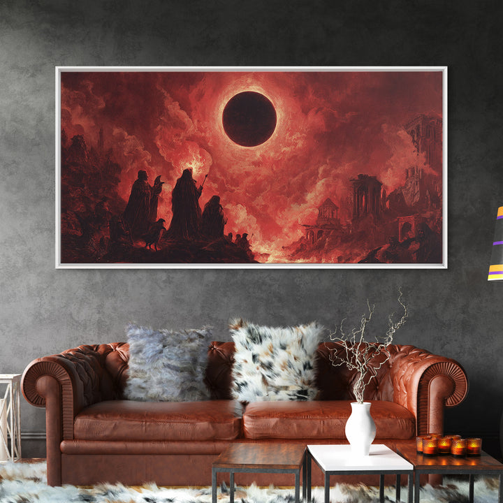 The Eclipse Summoning, Apocalyptic Romantic Art, Wide Panoramic Art, Dark Fantasy Wall Art, Framed Canvas Print, Halloween Wall Art