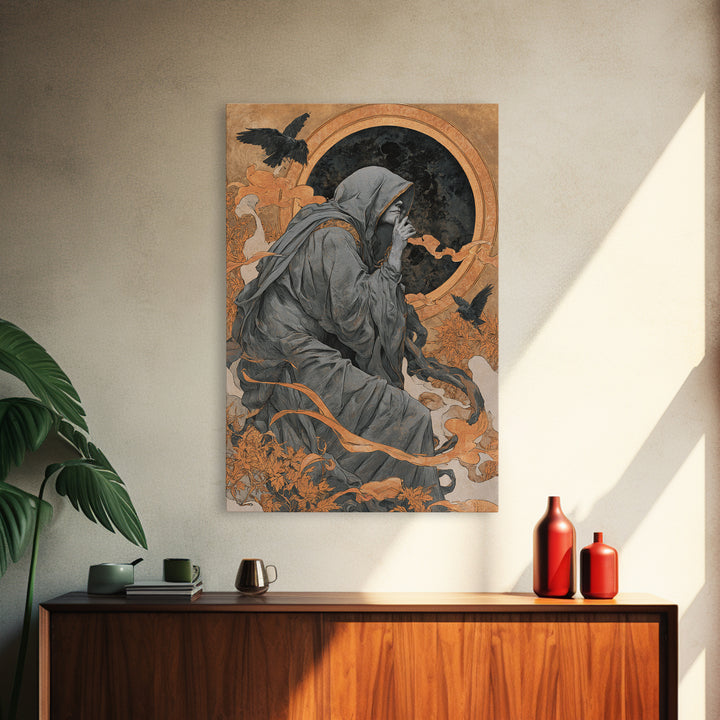 The Eclipse Summoning, Symbolist Death Art, Vertical Wall Art, Dark Fantasy Wall Art, Framed Canvas Print, Halloween Wall Art