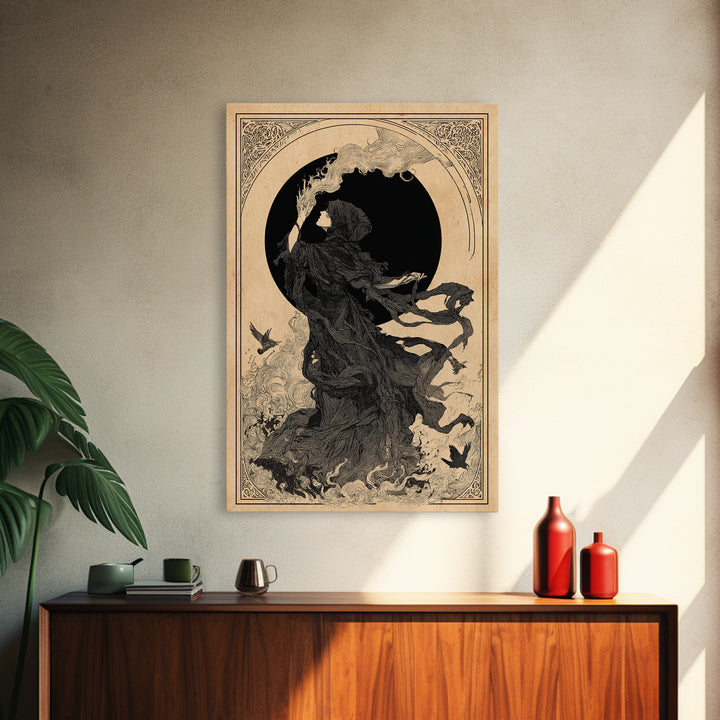 The Eclipse Summoning, Decadent Line Art, Vertical Wall Art, Macabre Wall Art, Framed Canvas Print, Halloween Wall Art