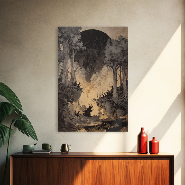 The Eclipse Summoning, Gothic Storybook Art, Vertical Wall Art, Dark Halloween Decor, Framed Canvas Print, Halloween Wall Art
