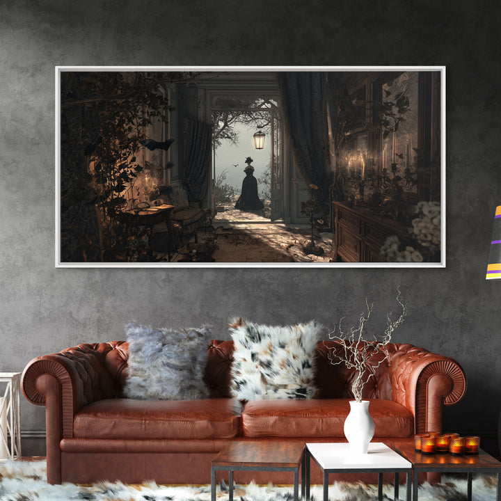 The Last House At The World'S Edge, Symbolist Gothic Landscape, Wide Panoramic Art, Dark Halloween Decor, Framed Canvas Print