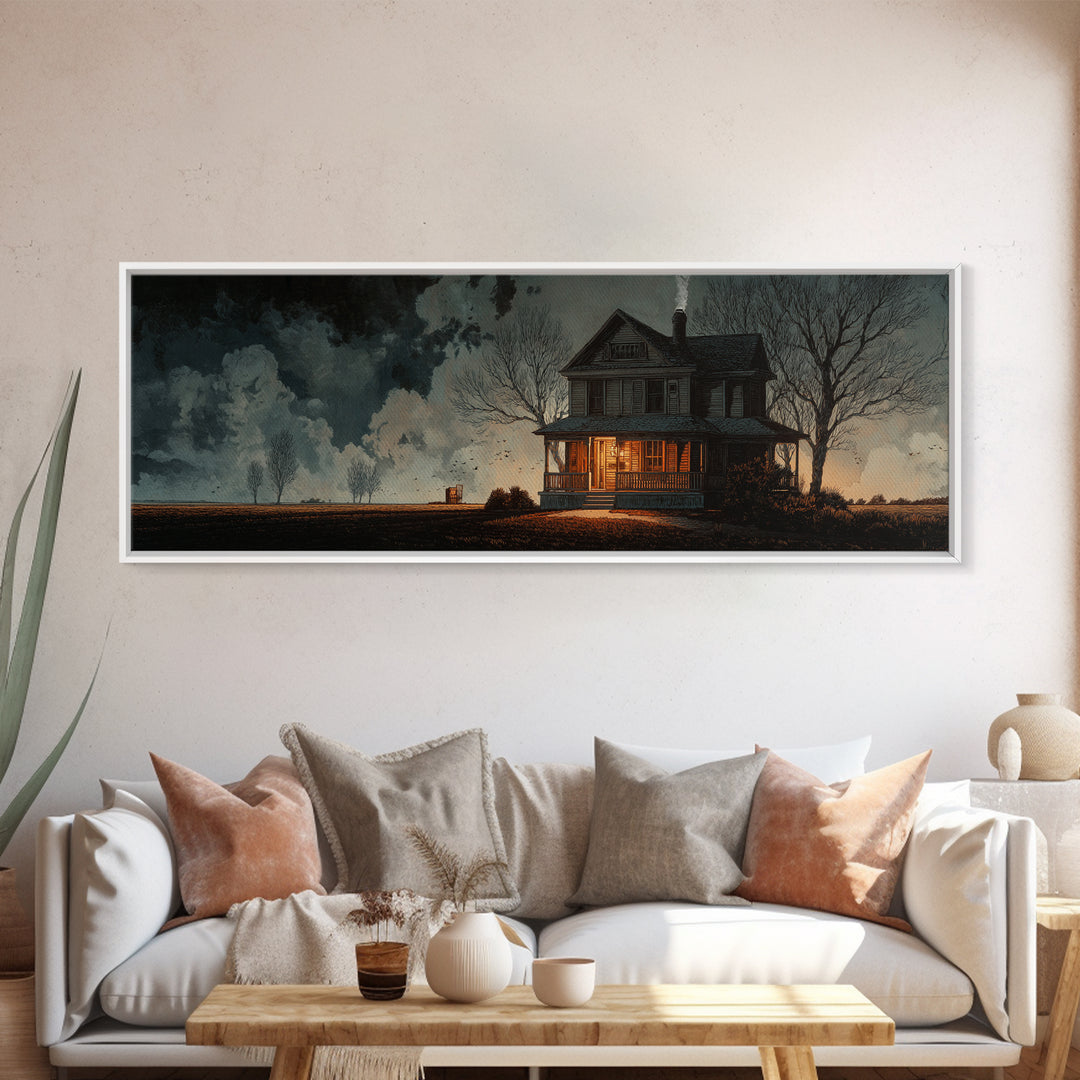 The Last House At The World'S Edge, Symbolist Etching Art, Extra Wide Wall Art, Macabre Wall Art, Framed Canvas Print, Halloween Wall Art