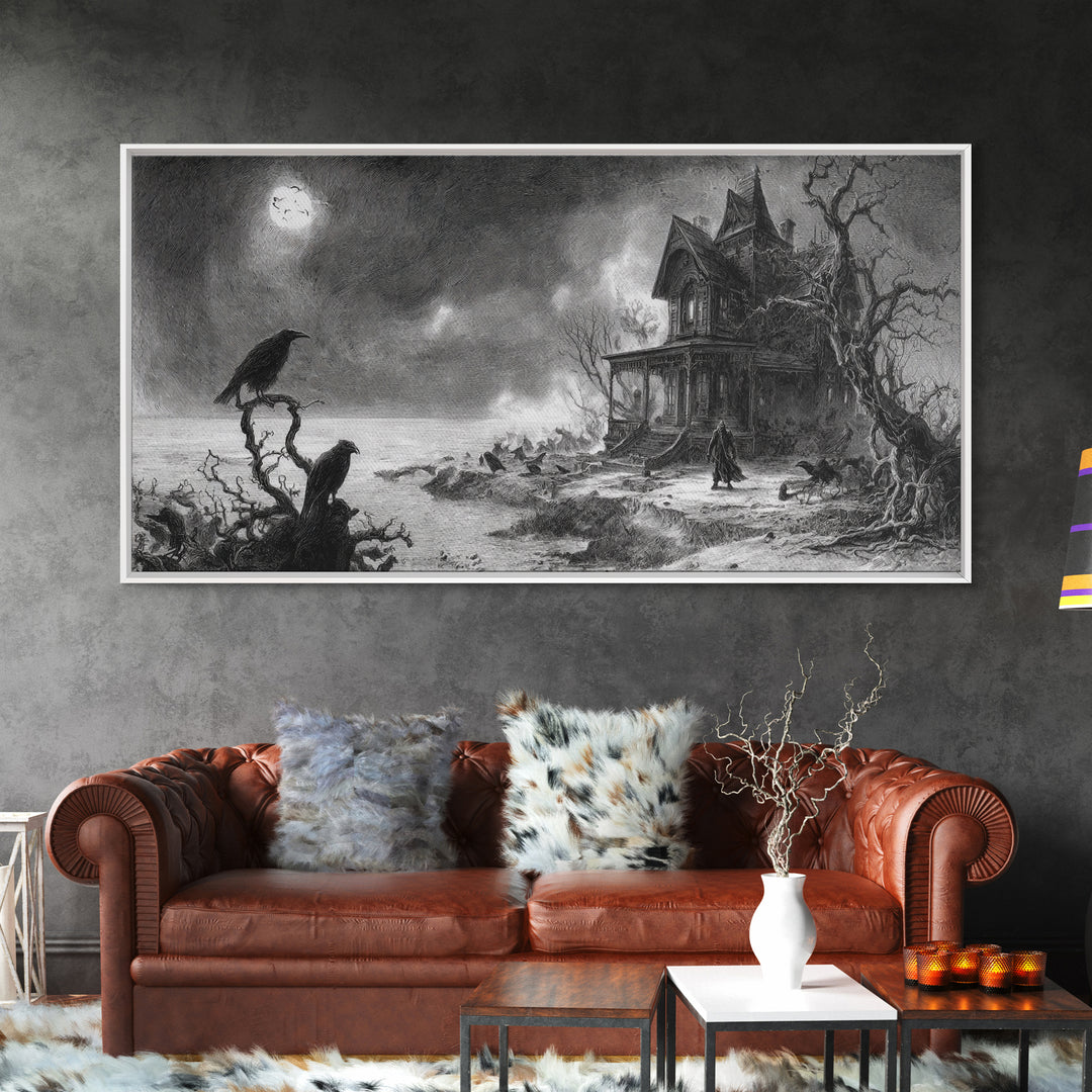 The Last House At The World'S Edge, Expressionist Nightmare Art, Wide Panoramic Art, Dark Halloween Decor, Framed Canvas Print