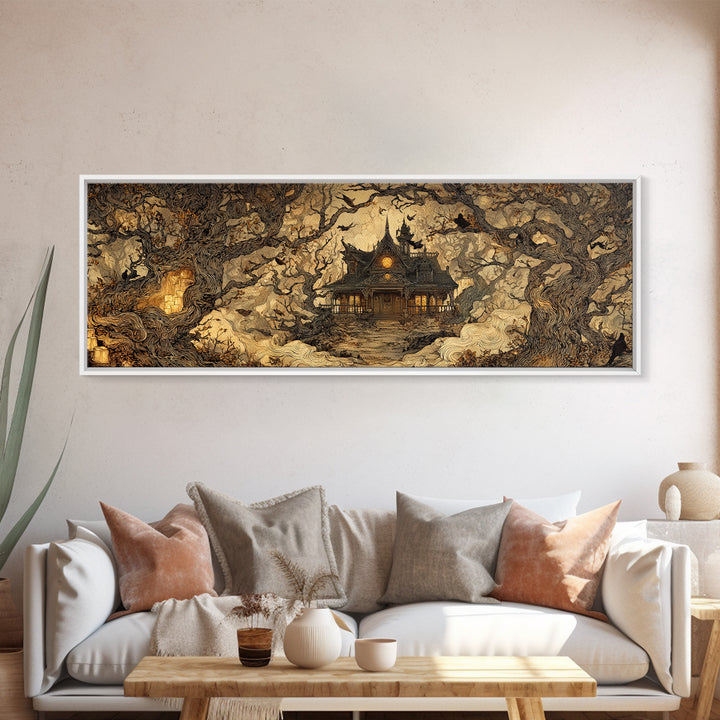 The Last House At The World'S Edge, Gothic Storybook Art, Extra Wide Wall Art, Gothic Horror Wall Art, Framed Canvas Print
