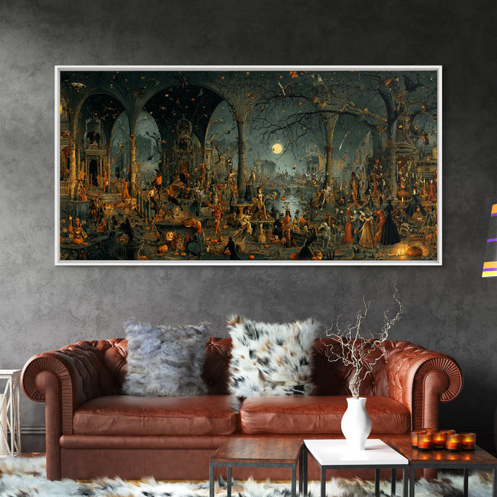 Halloween On Another Planet, Medieval Grotesque Art, Wide Panoramic Art, Gothic Horror Wall Art, Framed Canvas Print